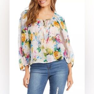 Karen Kane Floral Cotton Peasant Blouse Boho Beachy Top 3/4 Sleeve Multicolor L